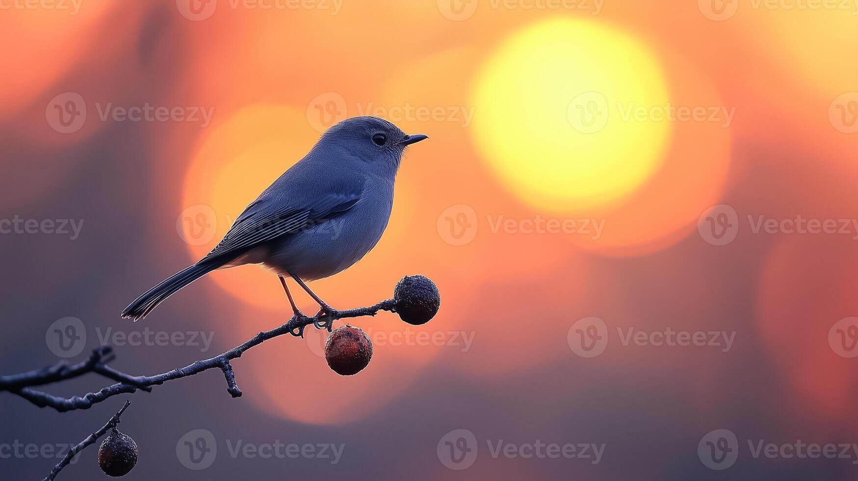 A bird sits on a branch with a sun in the background photo