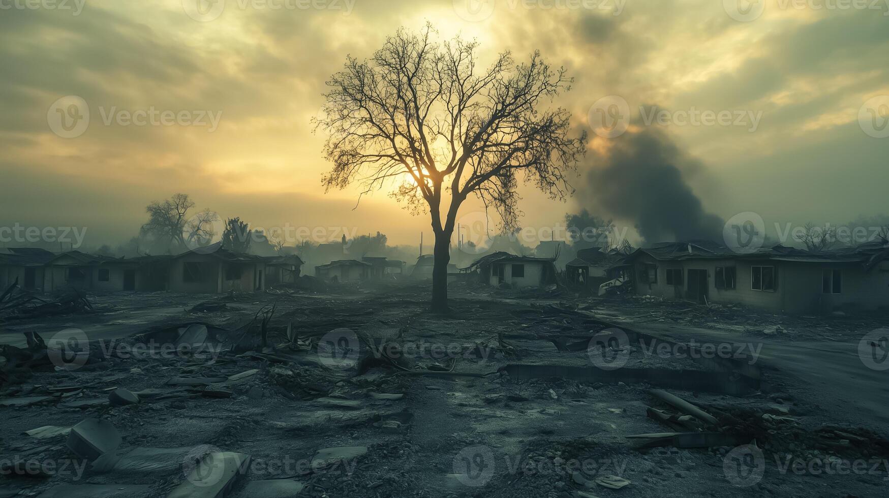 A tree is standing in the middle of a destroyed neighborhood photo