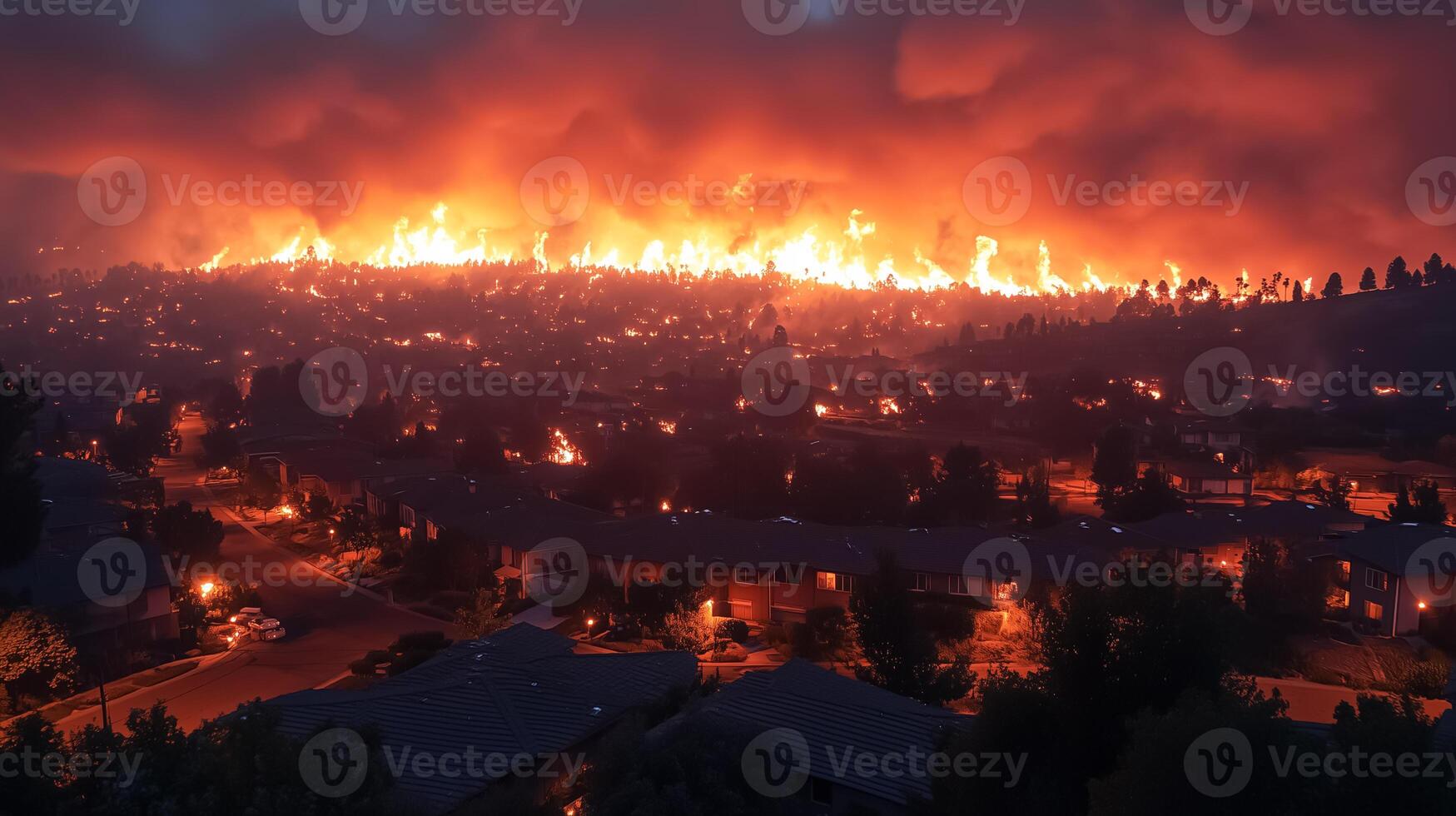 A fire is burning in the middle of a city photo