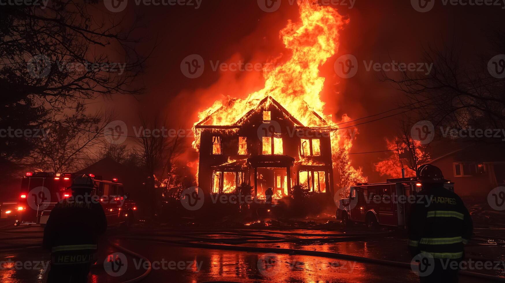 Firefighters stand in front of a burning house at night photo