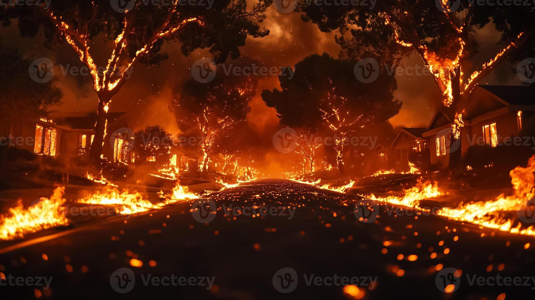 A street with fire burning in the middle of it photo