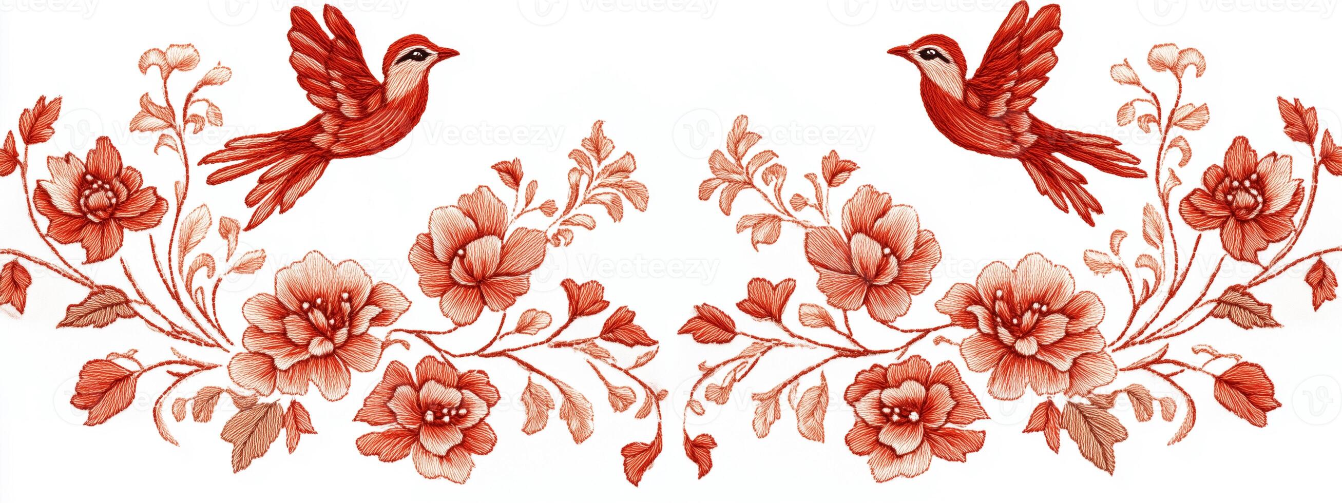 Two birds and flowers on a white background photo