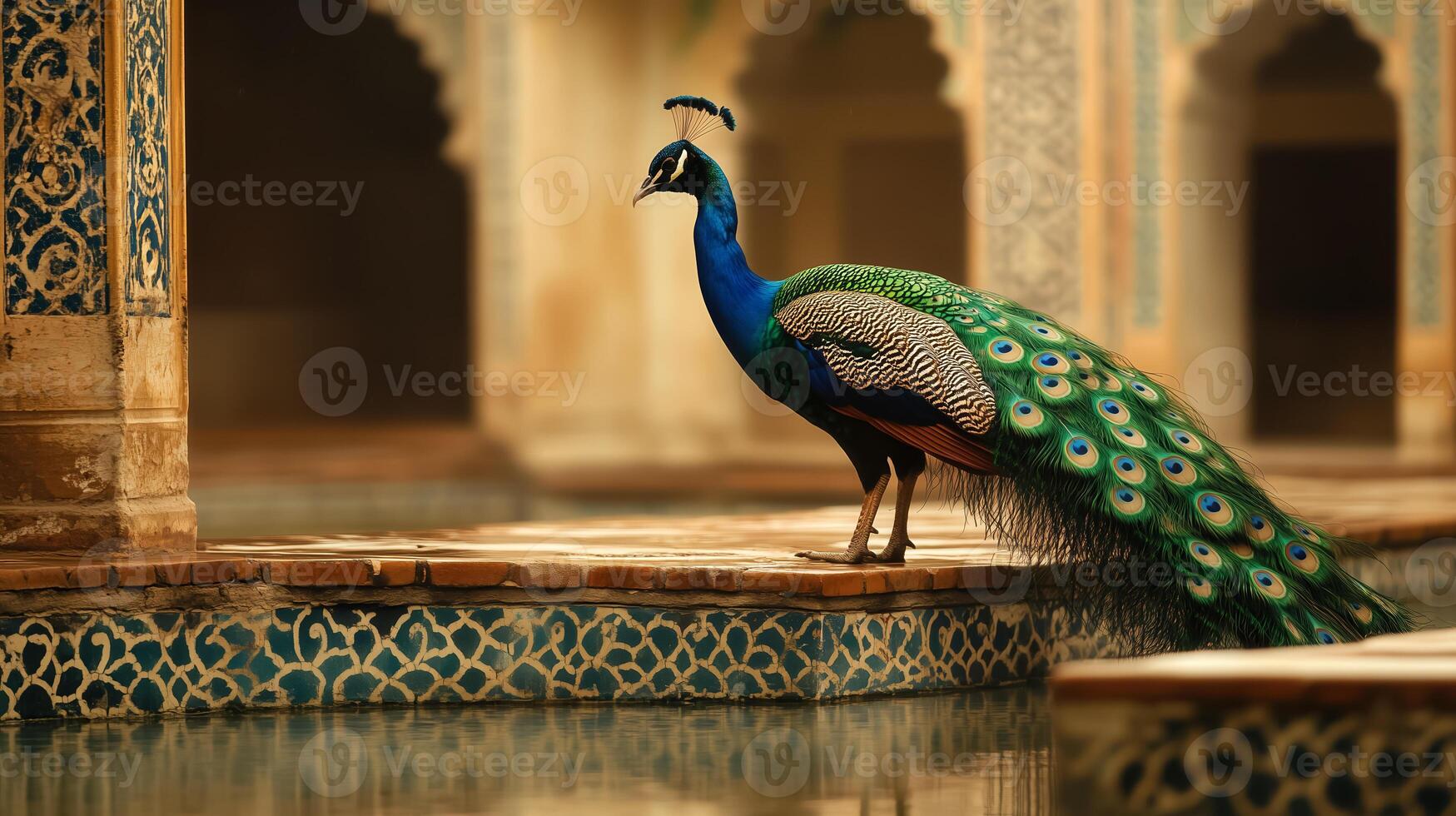 A peacock standing on a ledge with water photo