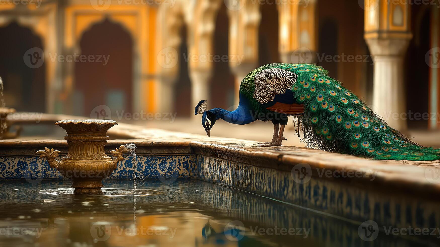 A peacock standing on a fountain in a courtyard photo