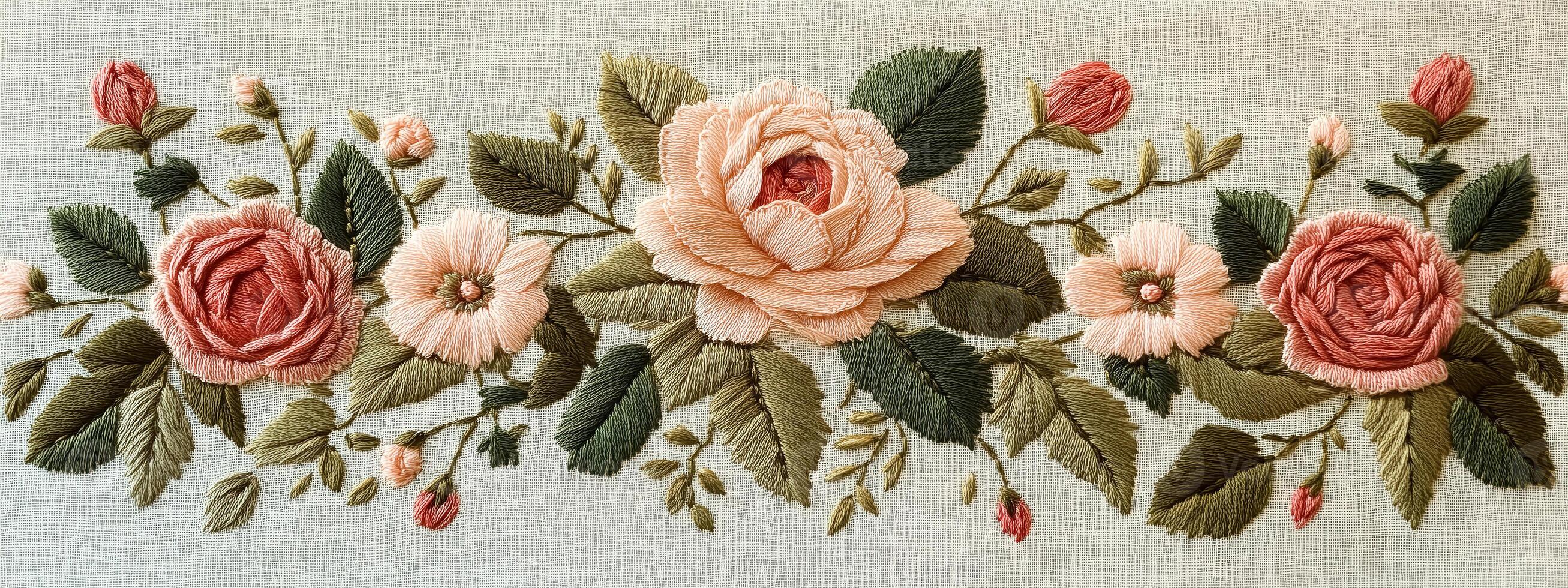 Embroidered flowers on a fabric photo