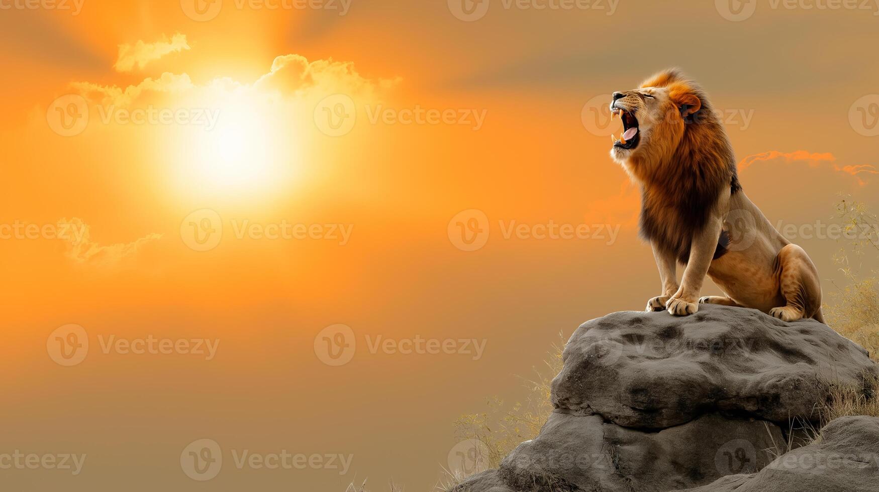 A lion is sitting on top of a rock with the sun behind it photo