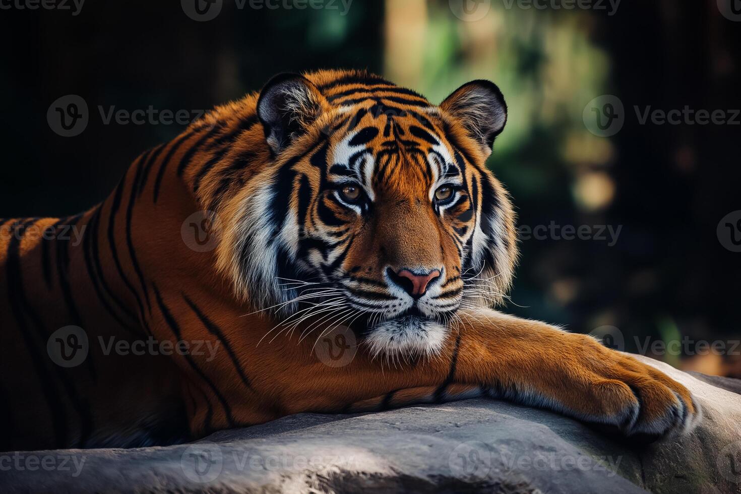A tiger is sitting on a rock in the woods photo