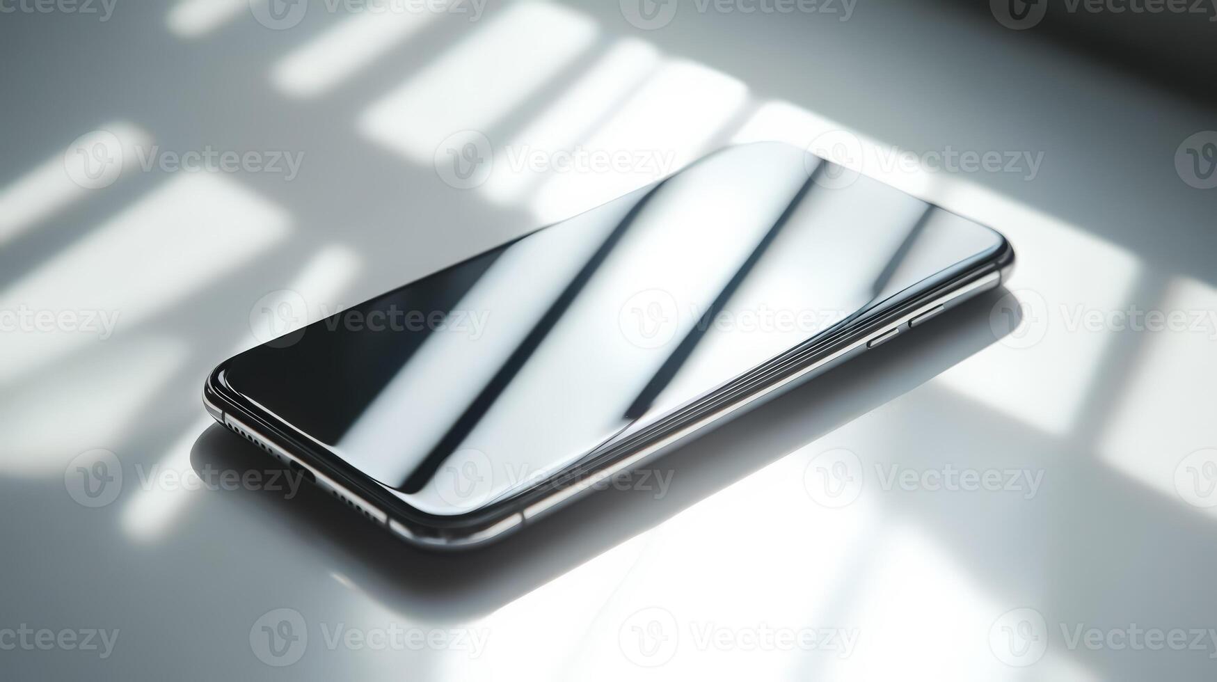 A silver iphone sitting on a table with sunlight shining on it photo