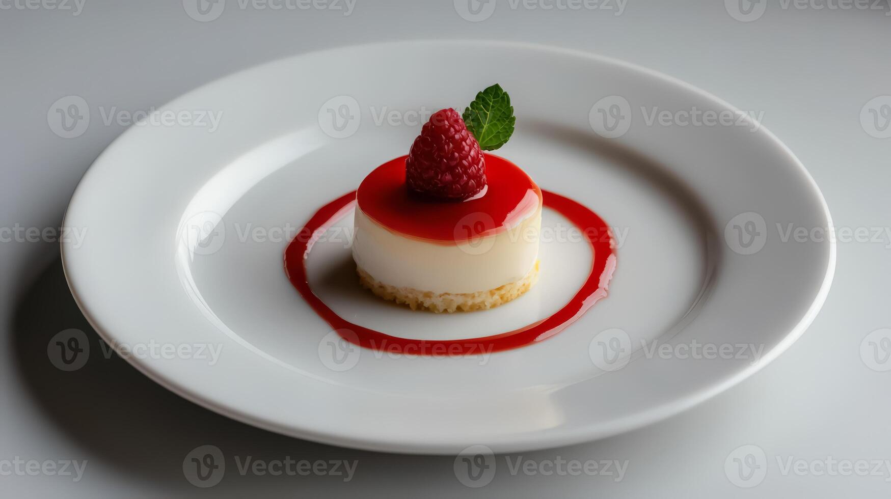 A dessert on a white plate with a raspberry sauce photo