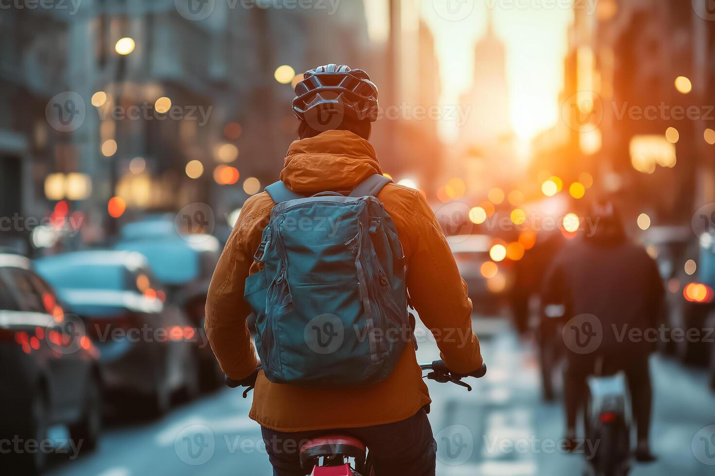 A man with a backpack riding a bike down a city street photo