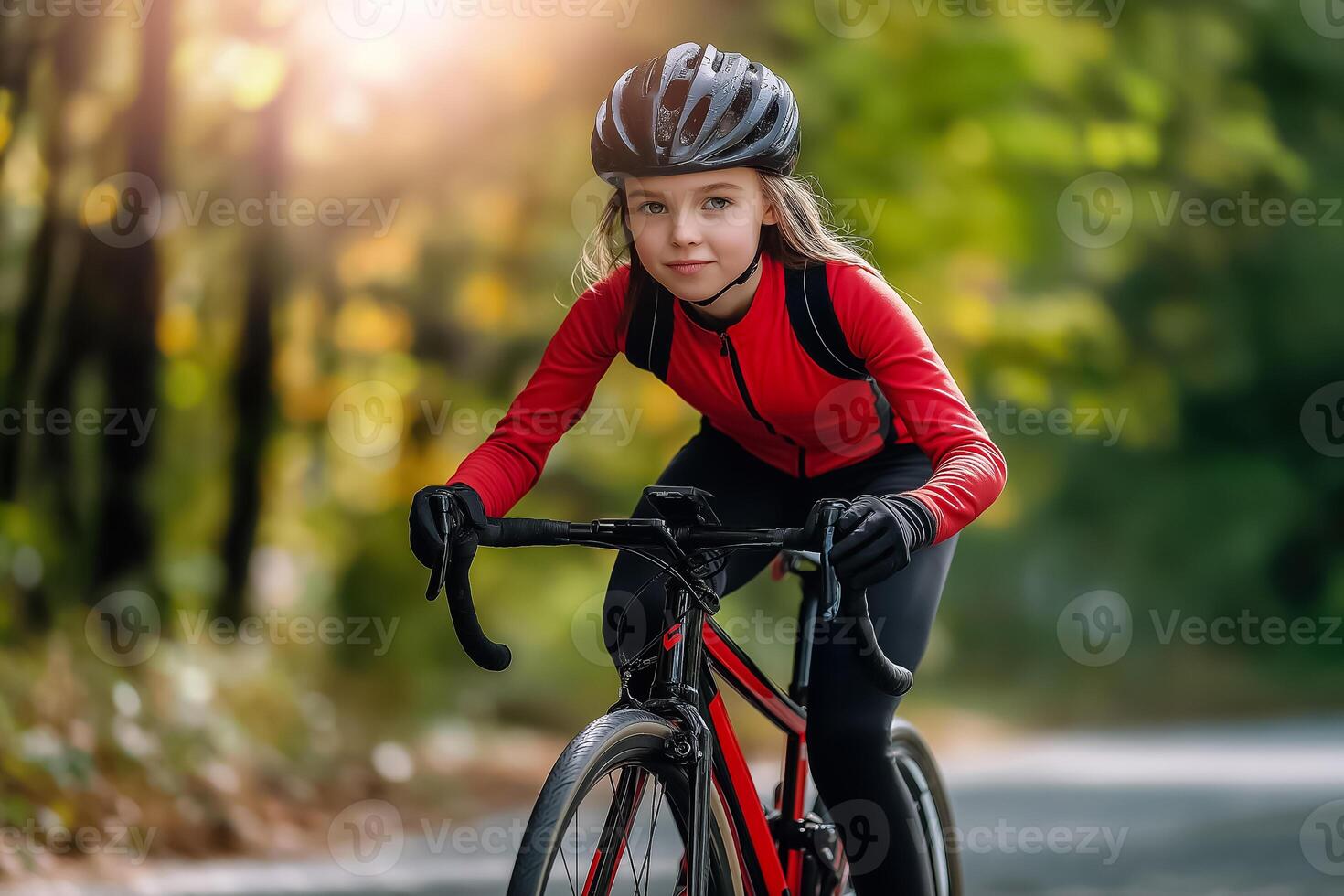 A young girl in a red jacket riding a bike photo