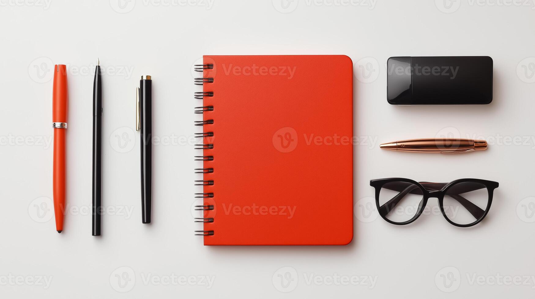 A red notebook, pen, glasses and other accessories photo