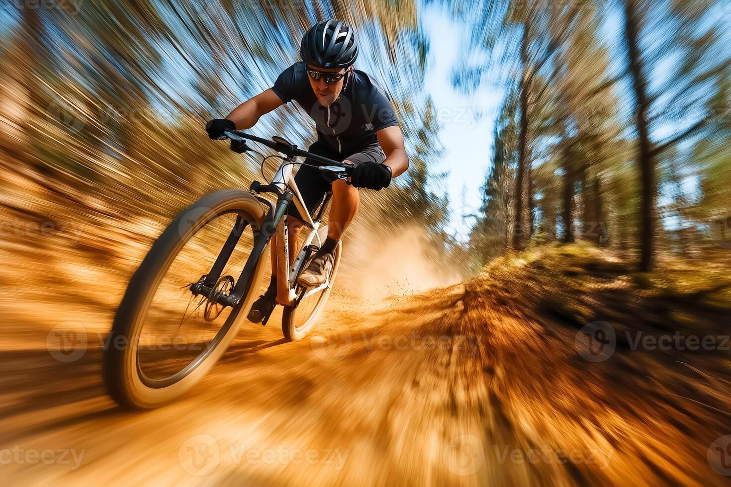 A man riding a mountain bike on a dirt road photo