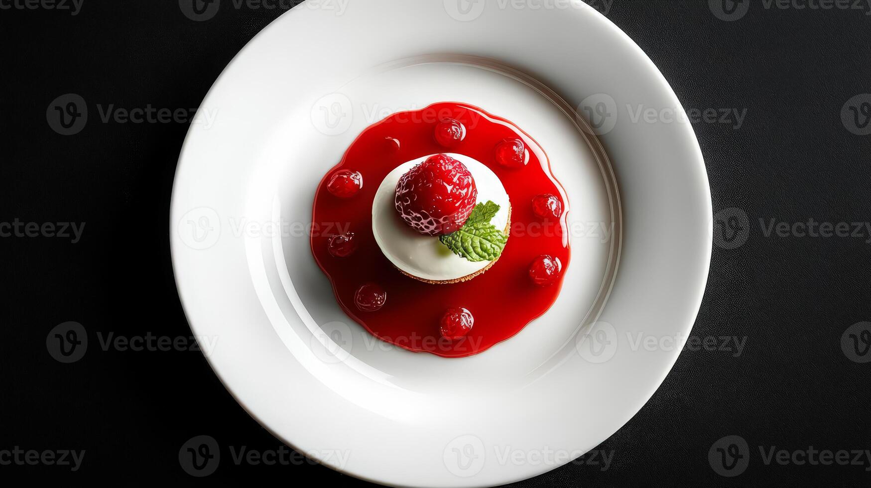 A dessert on a white plate with a raspberry sauce photo