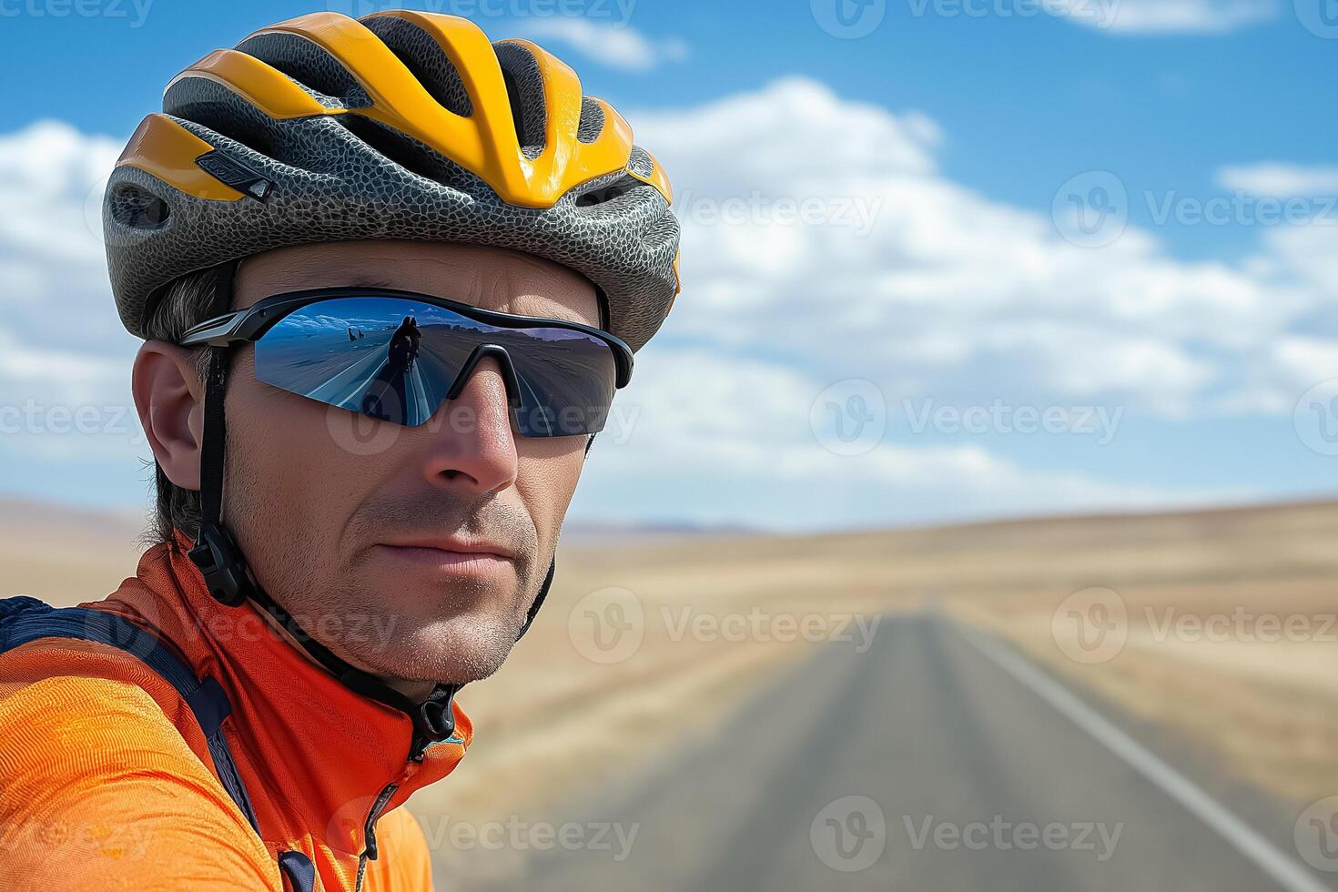A man wearing a helmet and sunglasses on a road photo