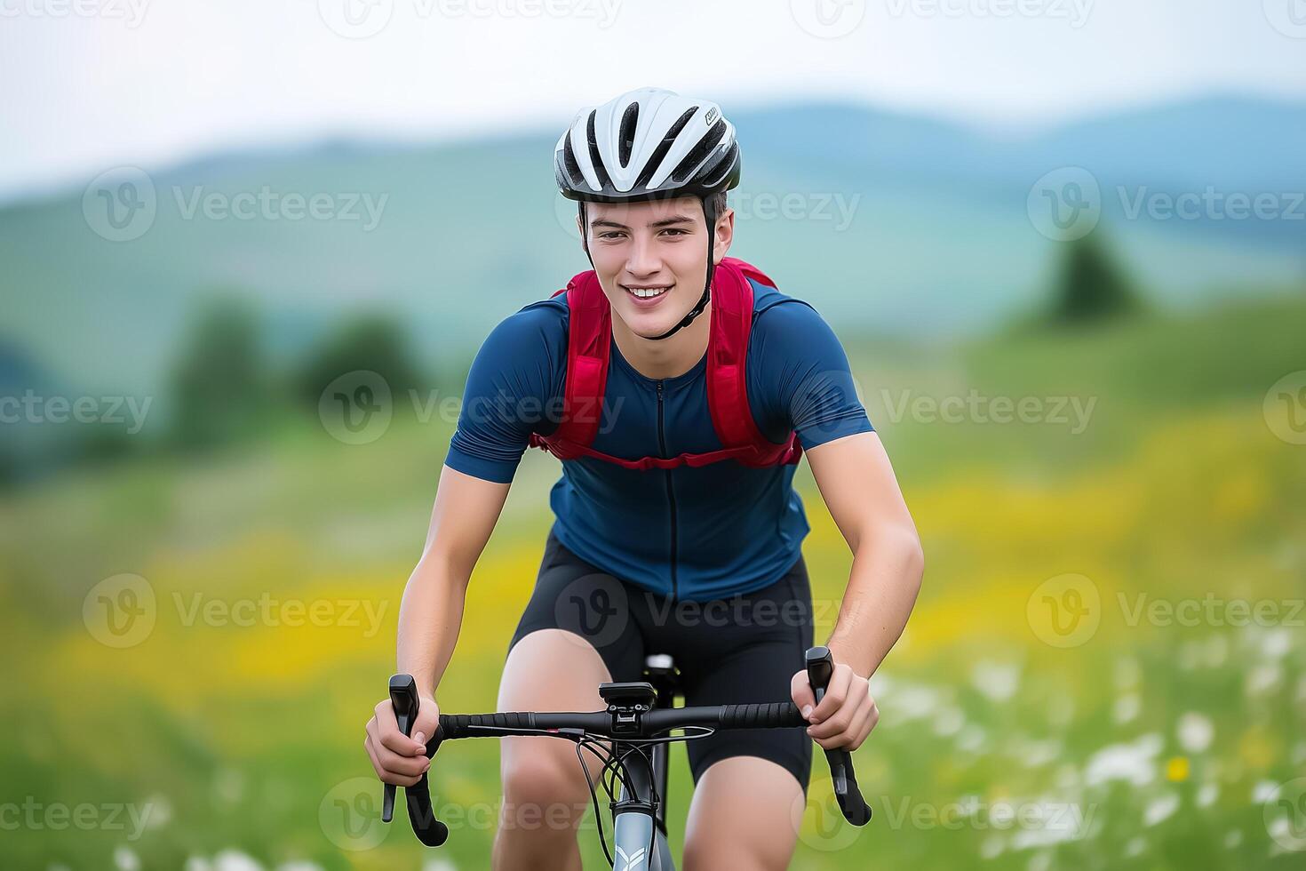 A young man is riding his bike through a field photo