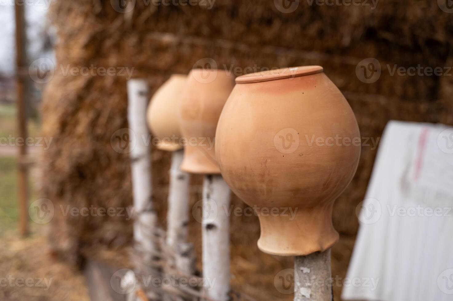A row of clay pots on sticks photo