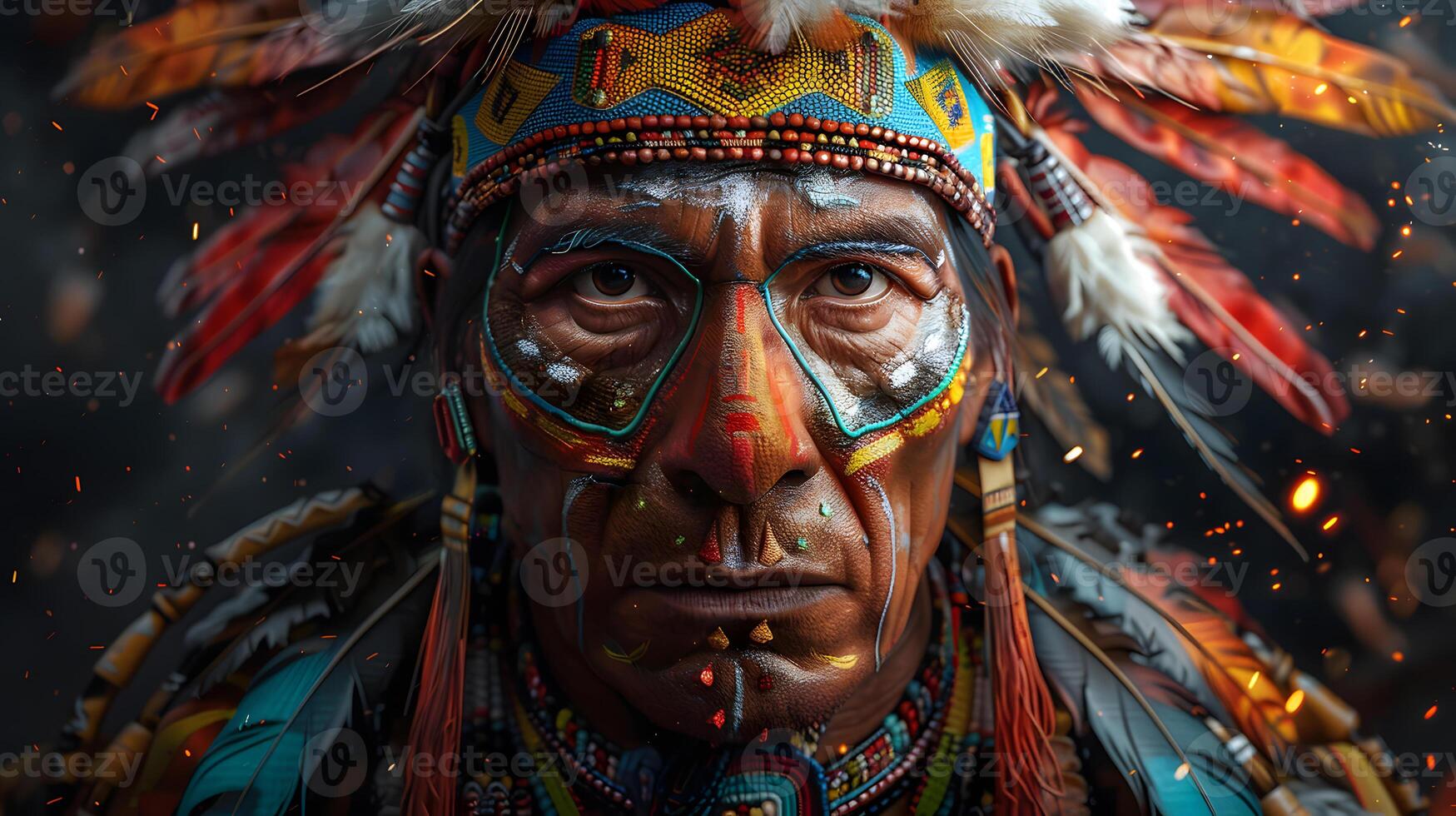 a close up of a native american with feathers on his head photo