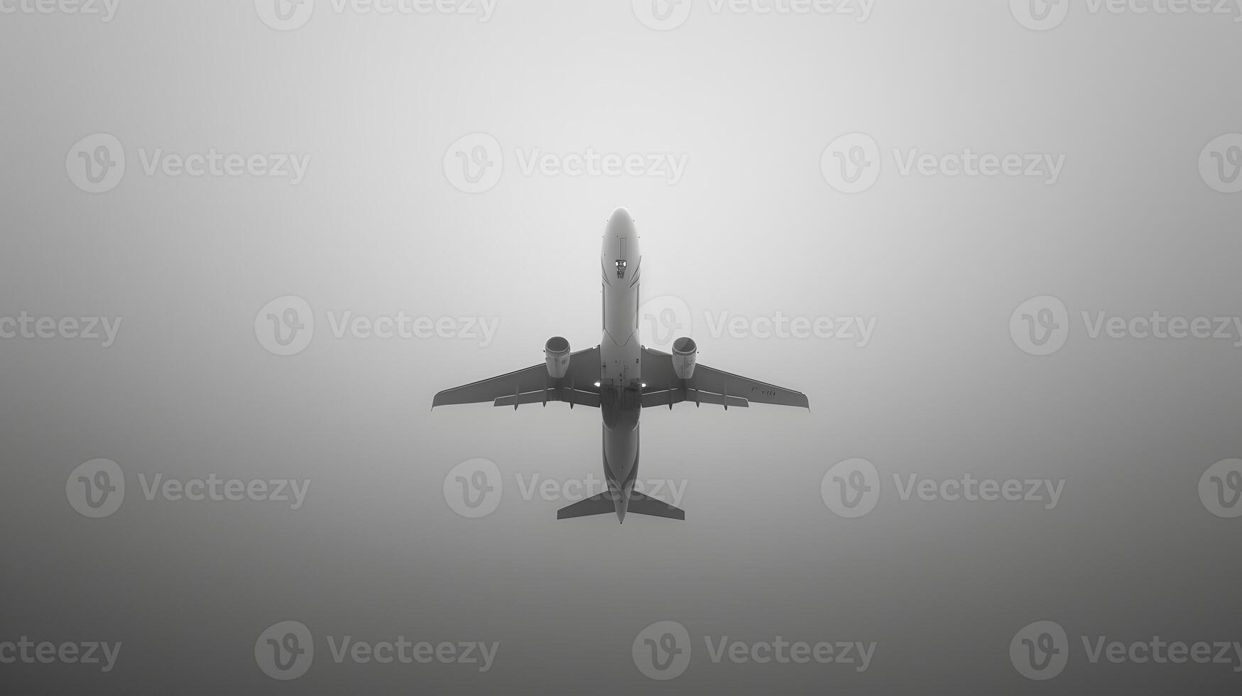 Monochromatic image of an aircraft soaring through misty skies photo