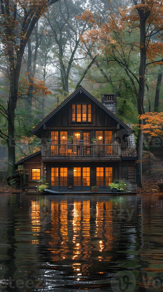 Cozy Cabin in Autumn Forest, Reflected in Tranquil Waters photo