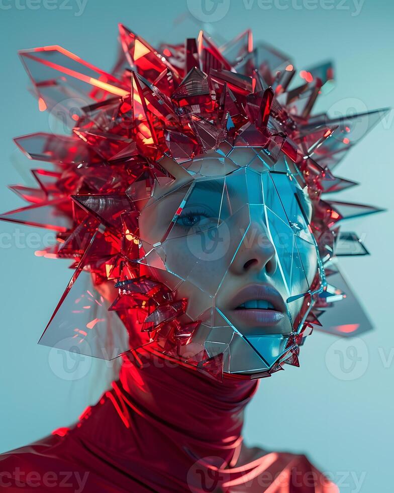 Woman wearing headgear made of broken glass at electric blue fashion event photo