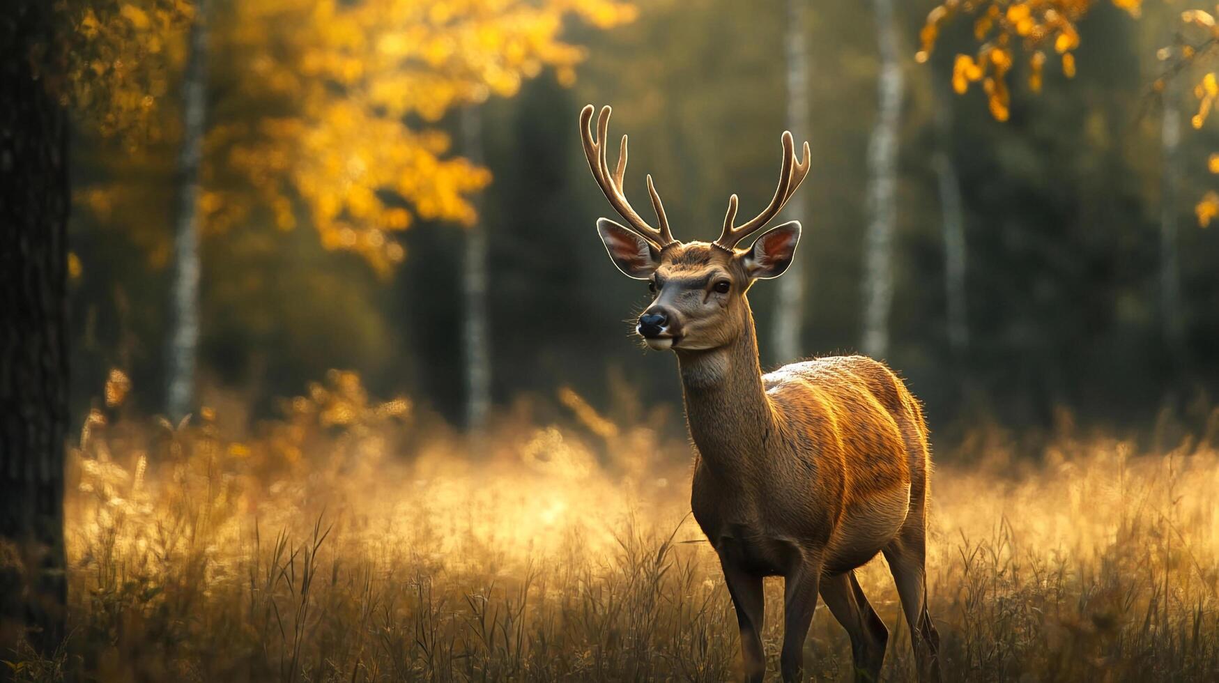 Majestic deer in autumn, standing in the forest with golden foliage. Sunlight illuminates the natural scene. photo