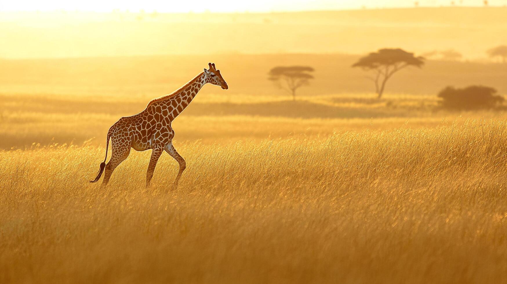 Giraffe strides through a sunlit savanna, casting a long shadow across the golden grass. The light enhances the picturesque scenery. photo