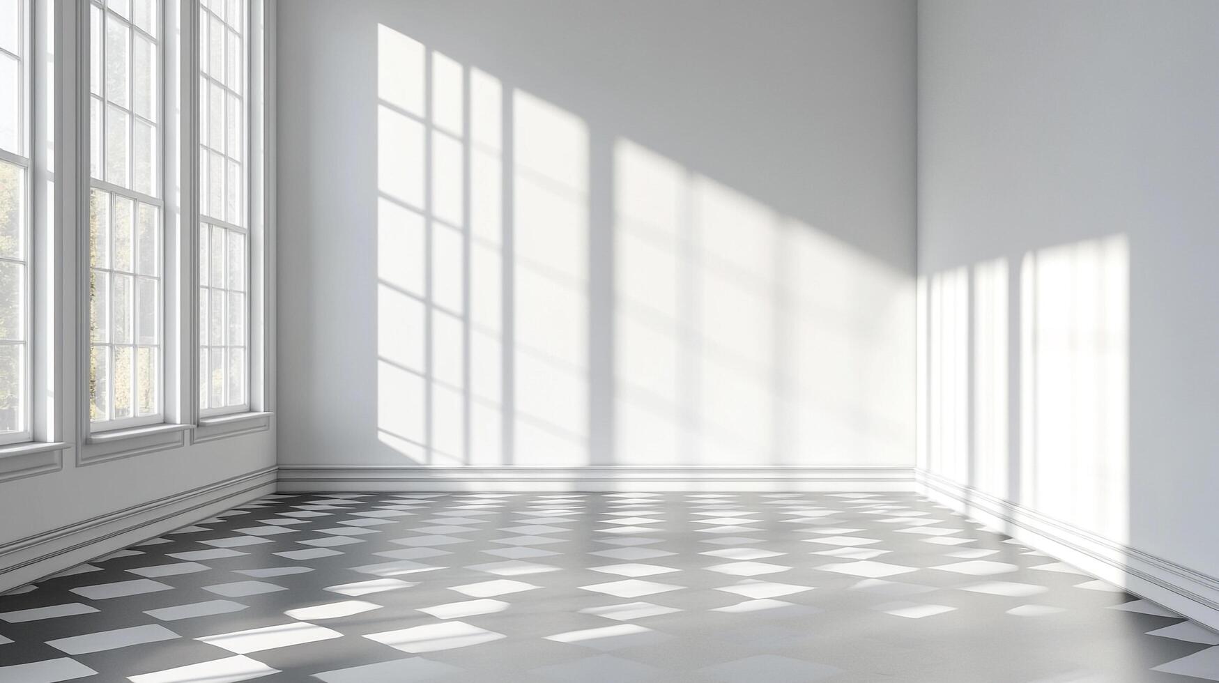 Bright minimalist room with checkered floors, sunlight streaming through large windows creating dynamic shadows on the stark white walls. photo