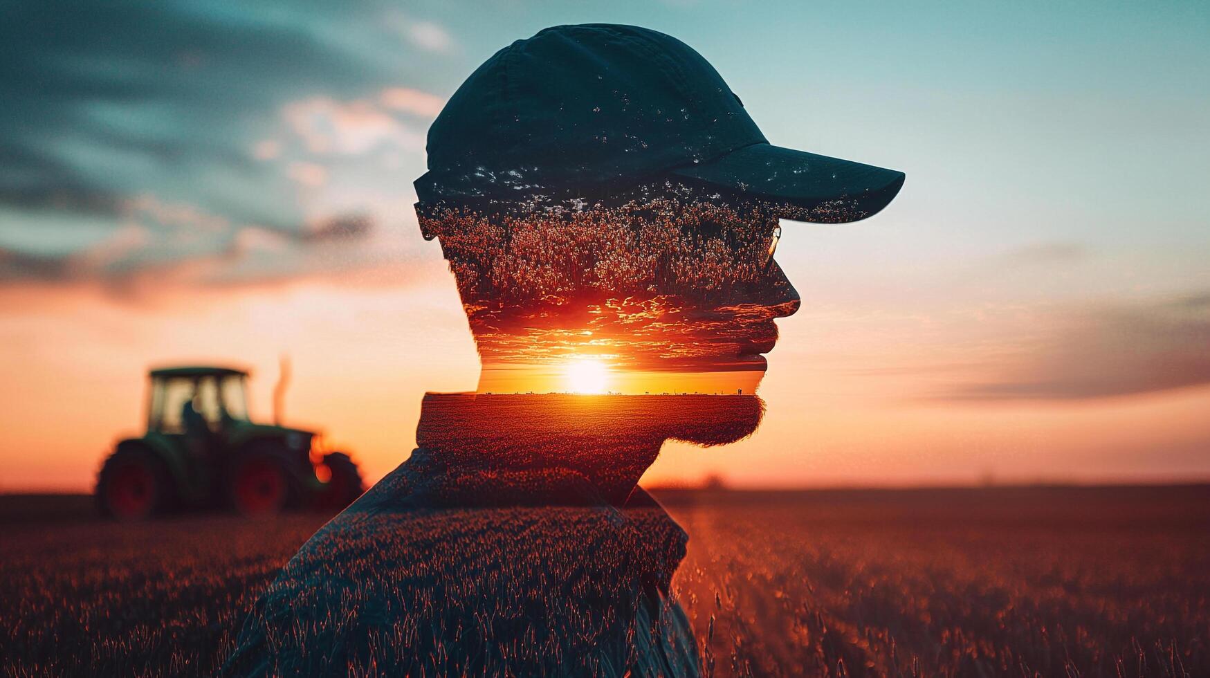 Double exposure photo of a man's silhouette blended with a sunset over a farm field, capturing the essence of agriculture and nature.