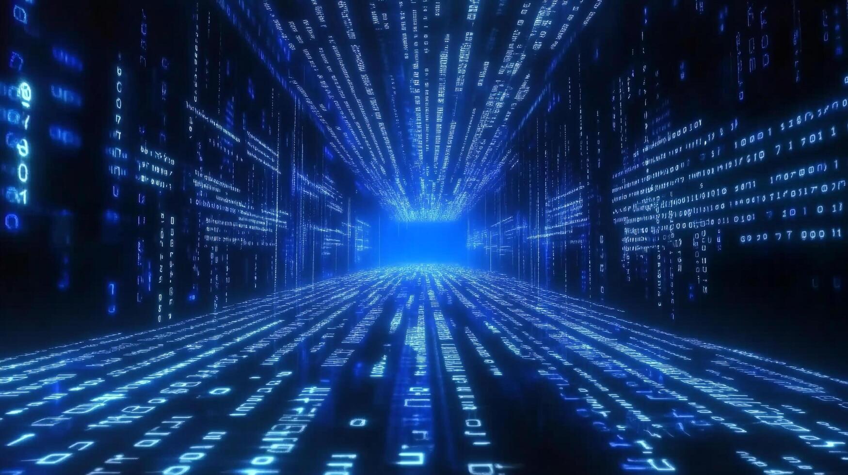 Futuristic digital tunnel with blue binary code streaming, representing data flow and advanced technology. Immersive tech background. photo