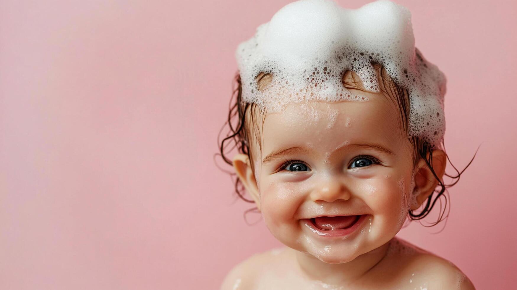 A happy baby gleefully smiles, covered in foamy bubbles during bath time, on a pink backdrop, creating a joyful, clean image. photo