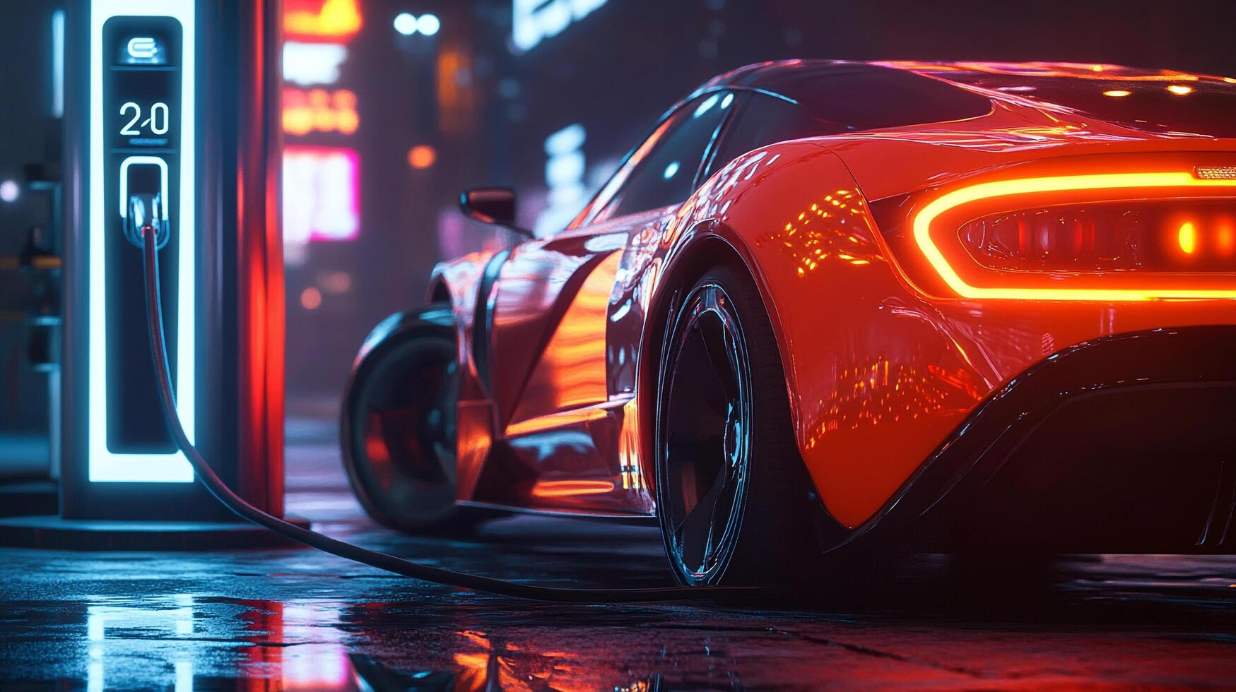 Sleek futuristic car design showcased during nighttime charging, highlighting the seamless integration of technology and style. photo
