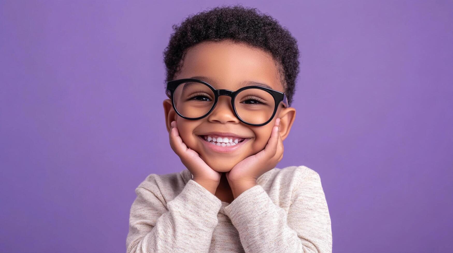 Smiling boy with round glasses poses against purple backdrop, exuding joy. His hands frame his face highlighting his happy expression. photo