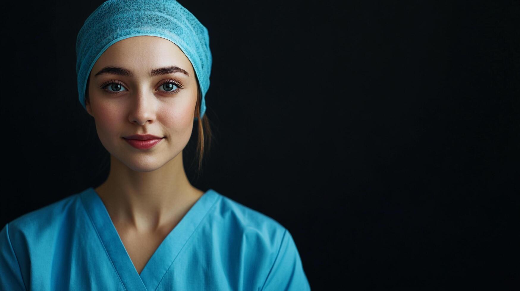 Portrait of a young medical professional in teal scrubs and surgical cap against a solid black background with gentle expression. photo