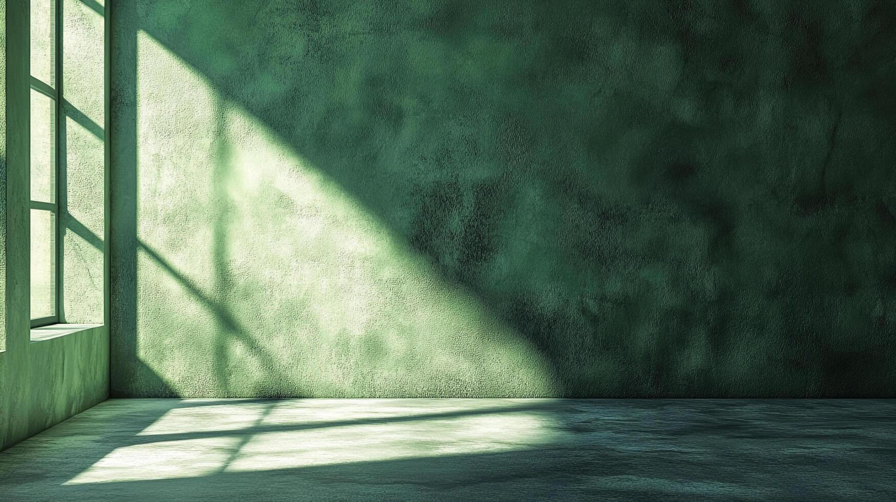 A minimalistic interior space with a textured green wall illuminated by natural light streaming through a window, creating a sense of serenity. photo