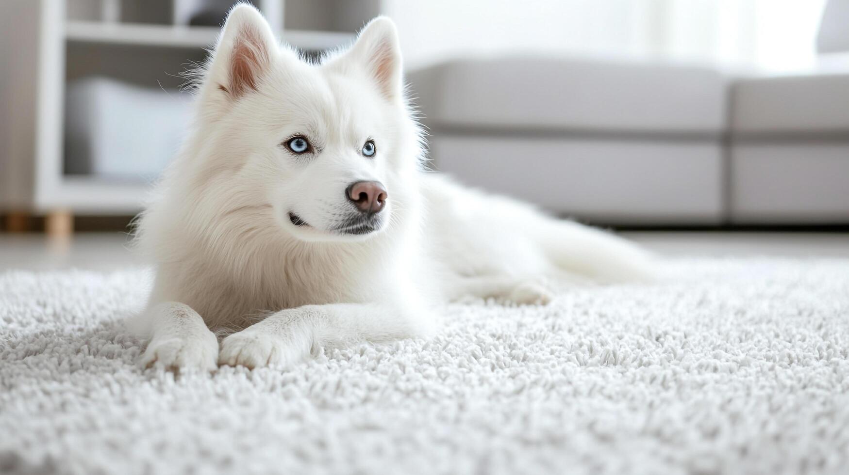 A fluffy white dog with striking blue eyes lounges on a soft, textured white rug, bringing a sense of calm to a brightly lit room. photo