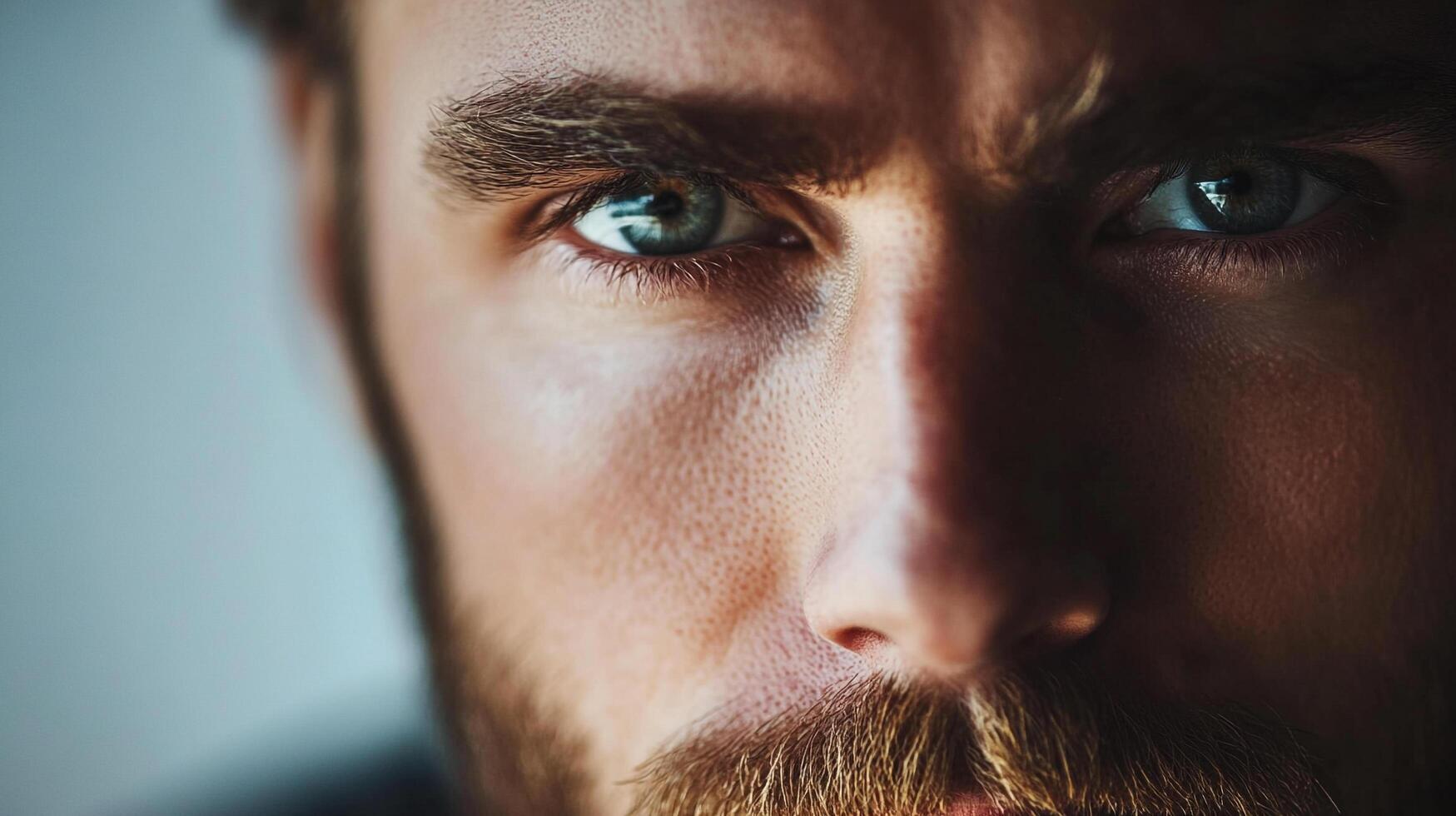 Close-up of a man's face with intense eyes and a beard, creating a powerful and contemplative atmosphere with strong facial features. photo