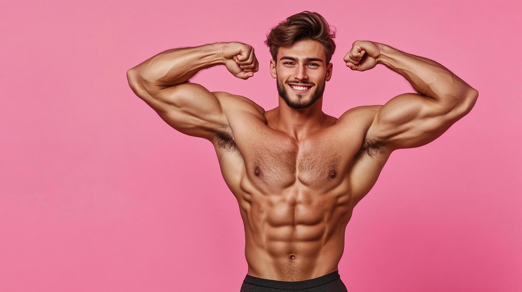 Smiling bodybuilder flexing muscular physique. Fitness enthusiast showcasing strength, posing against vibrant pink backdrop. Health and wellness concept. photo