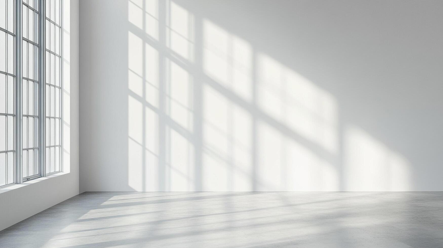 A bright and airy room with natural light streaming through a large window, casting shadows across the white walls and the light-grey floor. photo