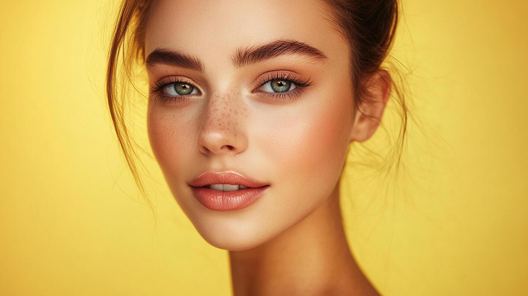 Glowing complexion and captivating eyes highlight natural beauty. Freckles add character, soft hues, gentle features and radiant skin. photo