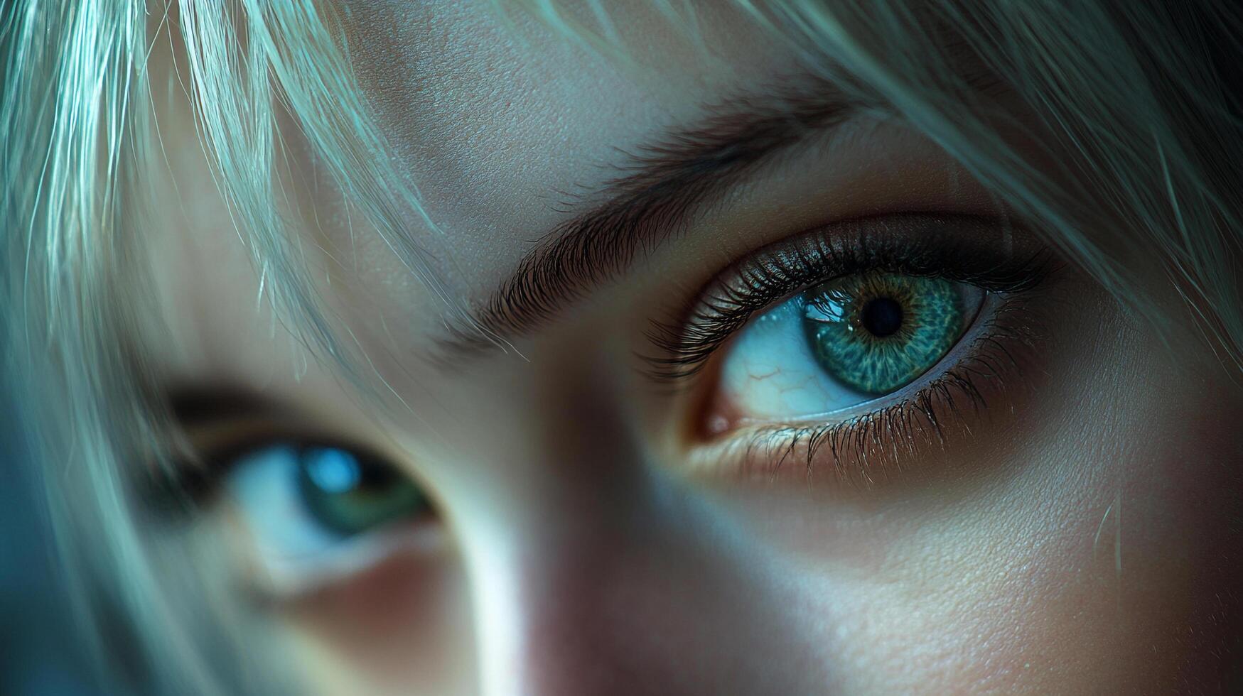 A captivating close-up on mesmerizing green eyes, framed by wisps of blonde hair, drawing viewers into their depths with an alluring gaze. photo