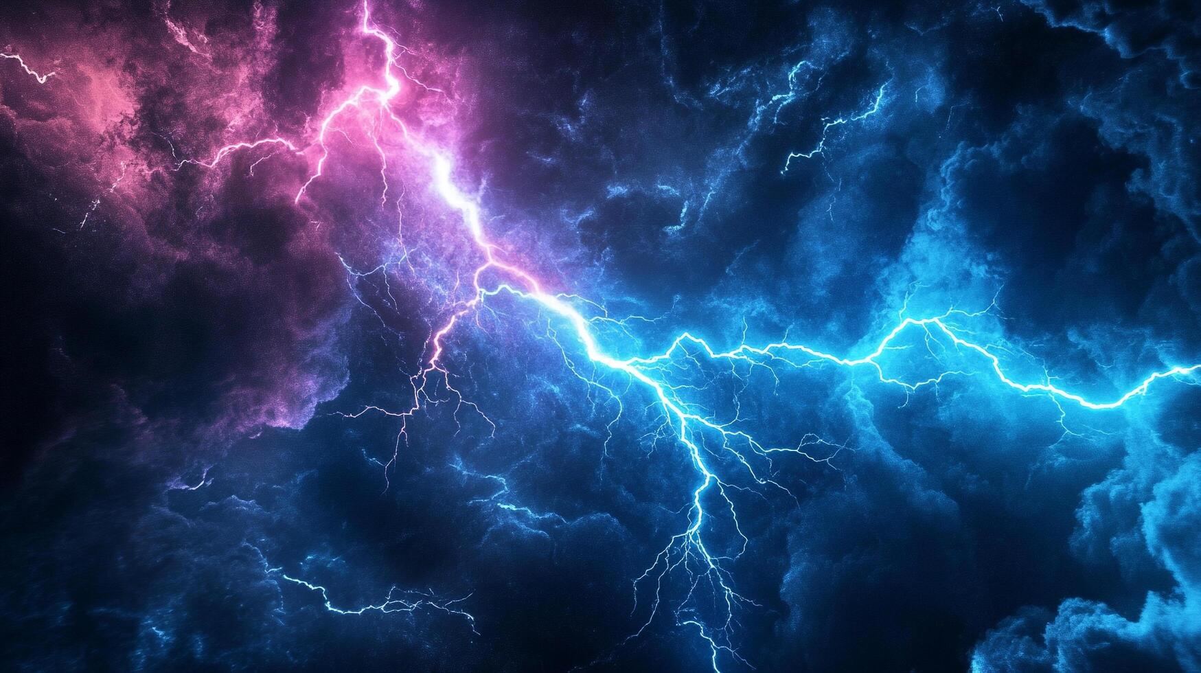 Dramatic stormscape featuring vibrant, opposing colors. Lightning cuts across a turbulent sky. Dynamic energy of nature on full display. photo