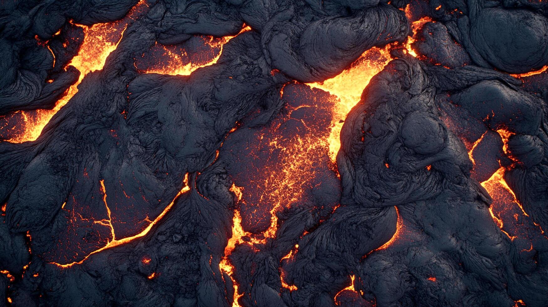 Molten rock cools into black texture. Orange heat radiating from cracks. Natural power of active volcano after eruption. Dynamic flow. photo