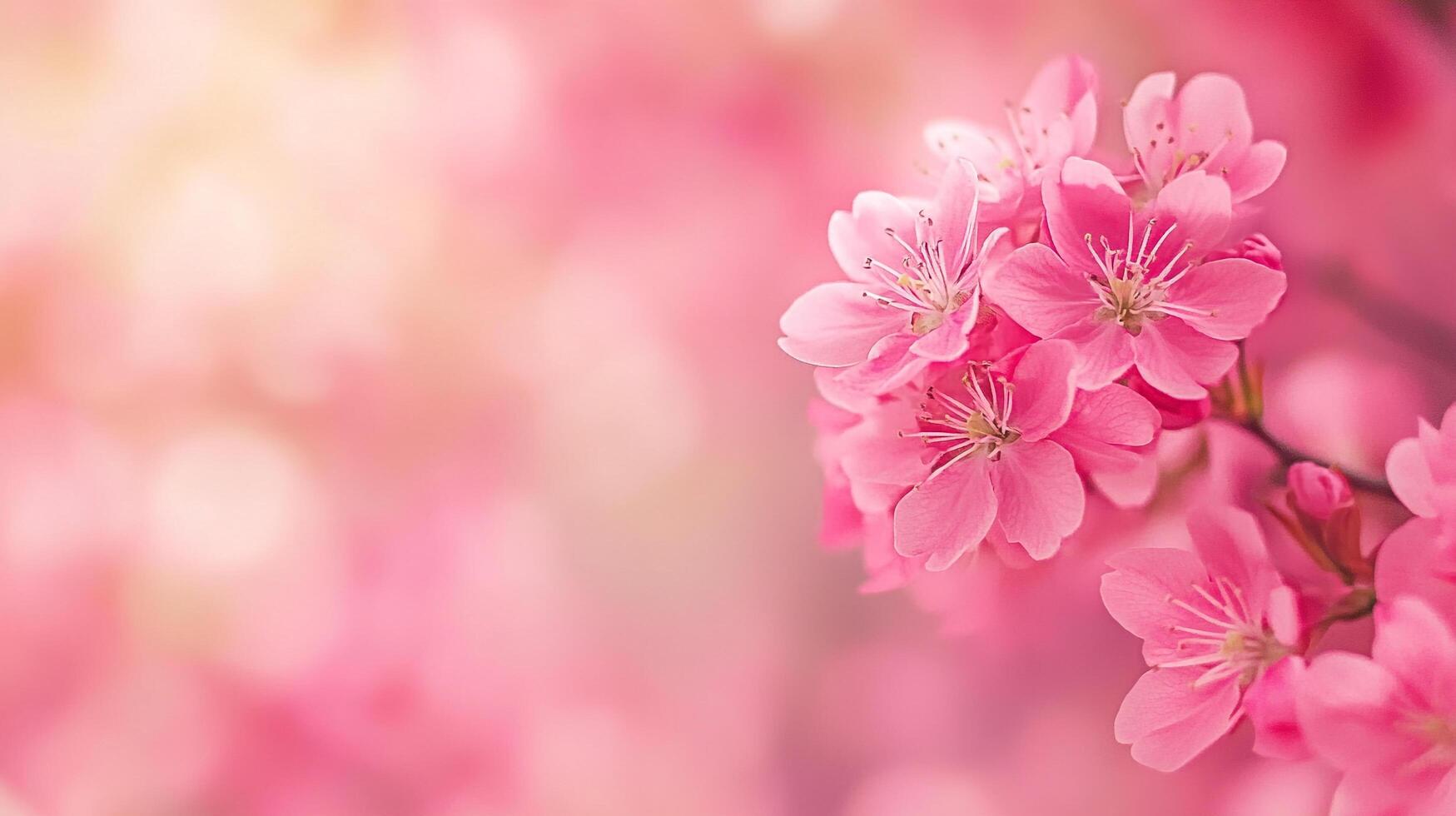A cascade of delicate pink blossoms graces the scene, exuding a sense of springtime serenity and natural beauty in soft focus. photo