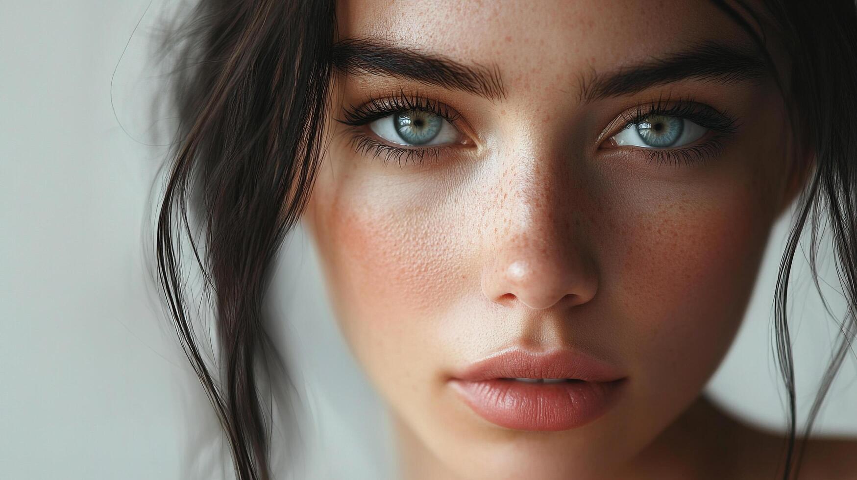 Close-up portrait showcasing striking blue eyes and delicate freckles, emphasizing natural beauty with soft, diffused lighting and a serene expression. photo
