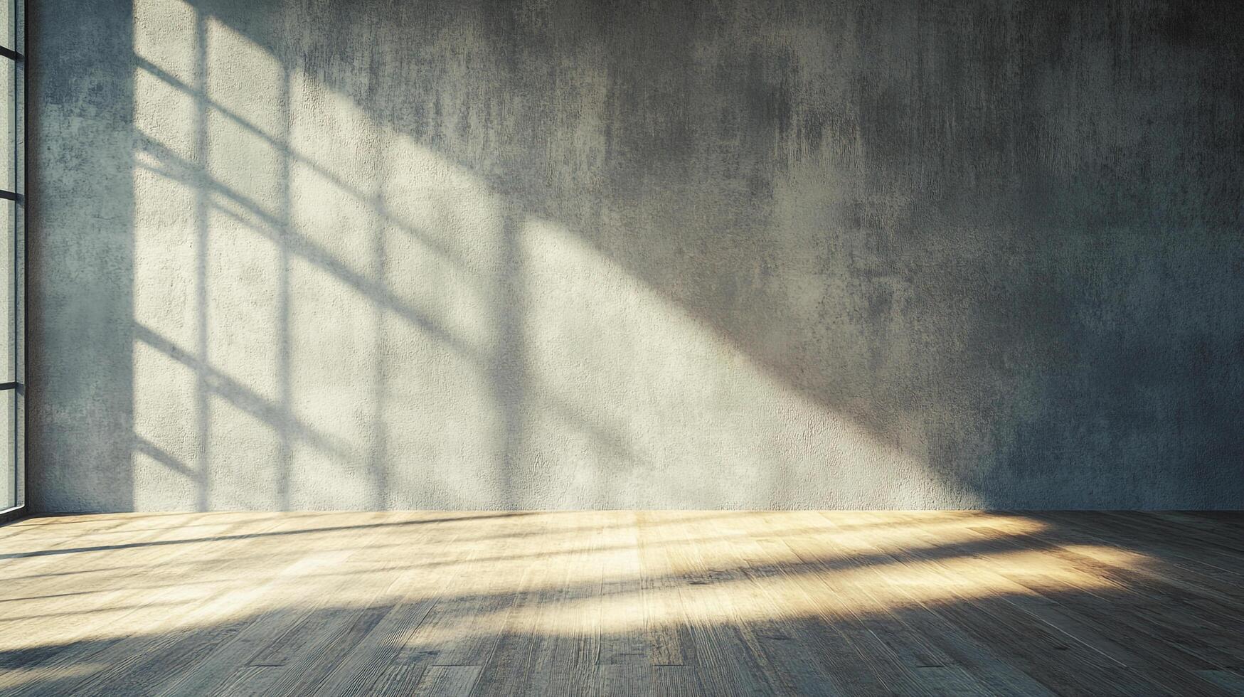 Sunlight casts shadows across a minimal interior, highlighting the textured wall and wooden floor in a play of light and shadow. photo