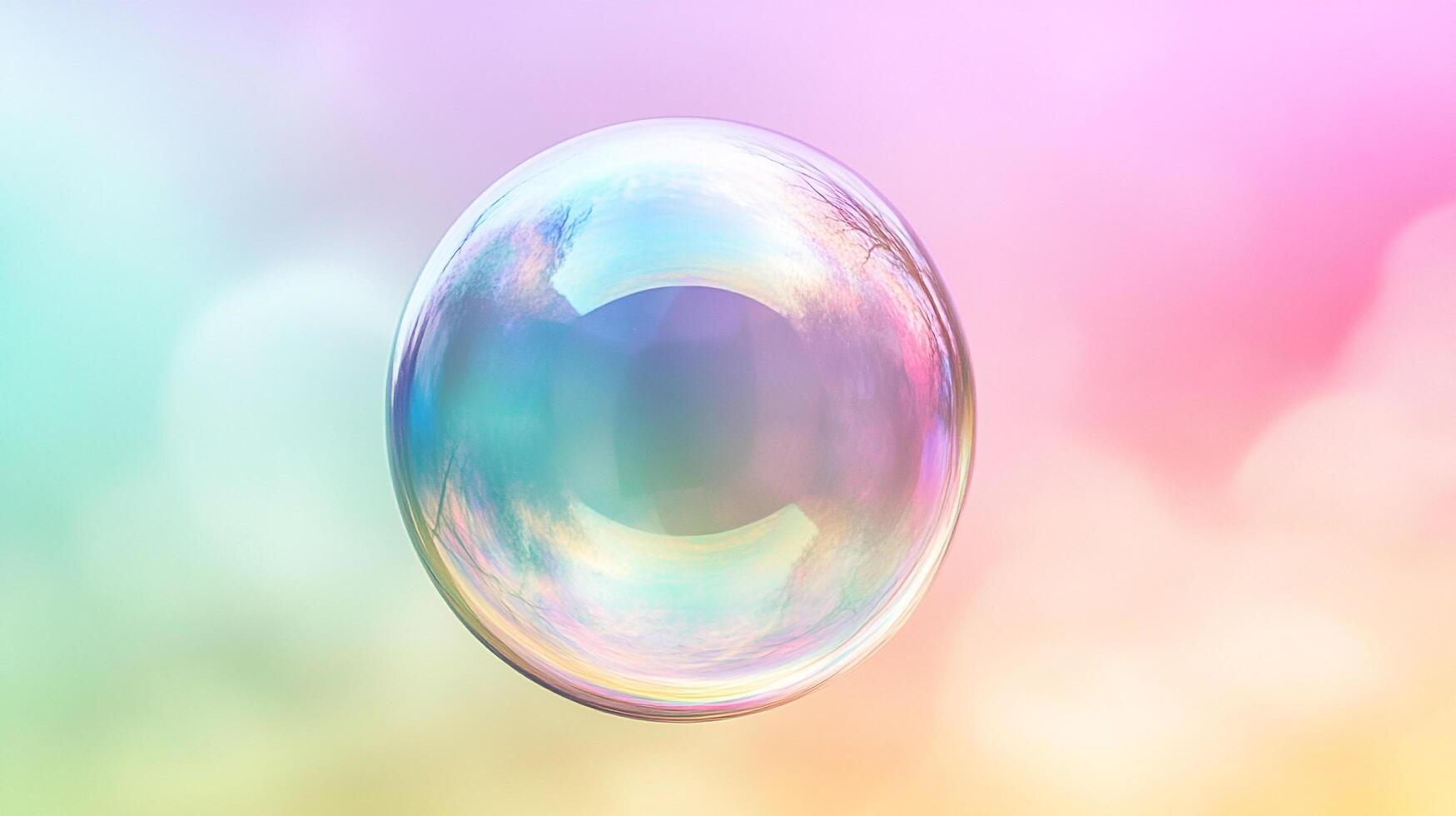 A iridescent bubble floats suspended in air, reflecting its surroundings with a delicate pastel color palette. photo