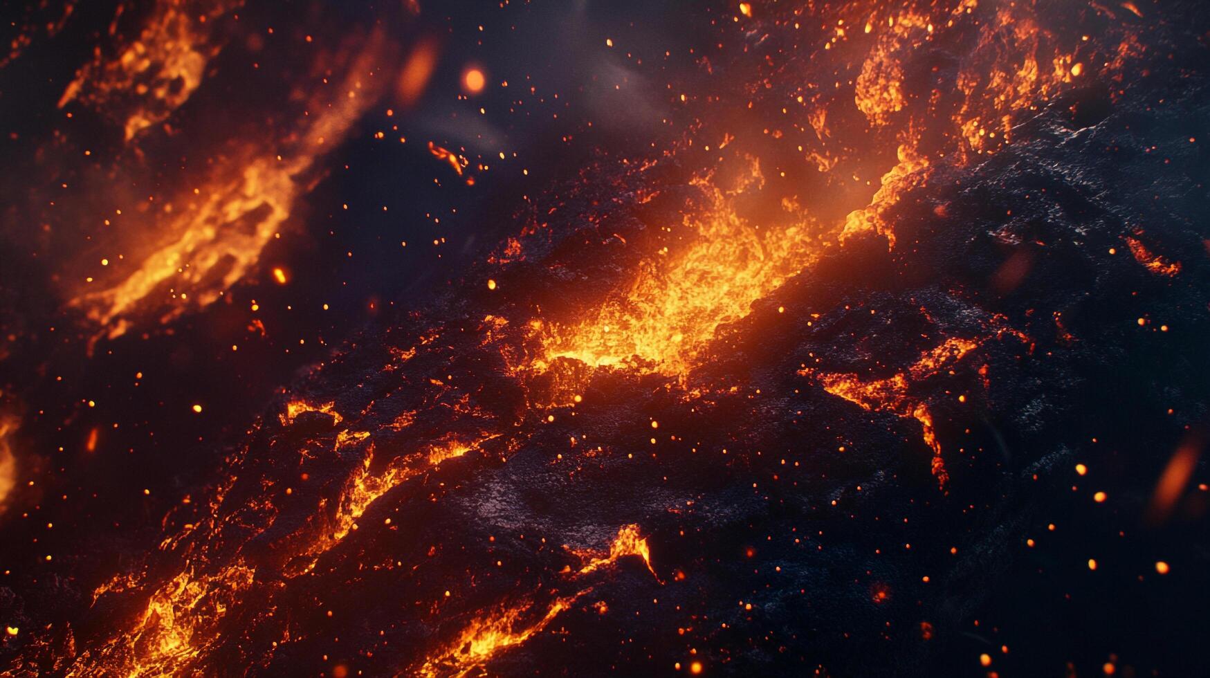Fiery landscape of flowing molten rock, glowing with intense heat, in an environment dominated by geological forces. Magmatic activity and intense heat. photo