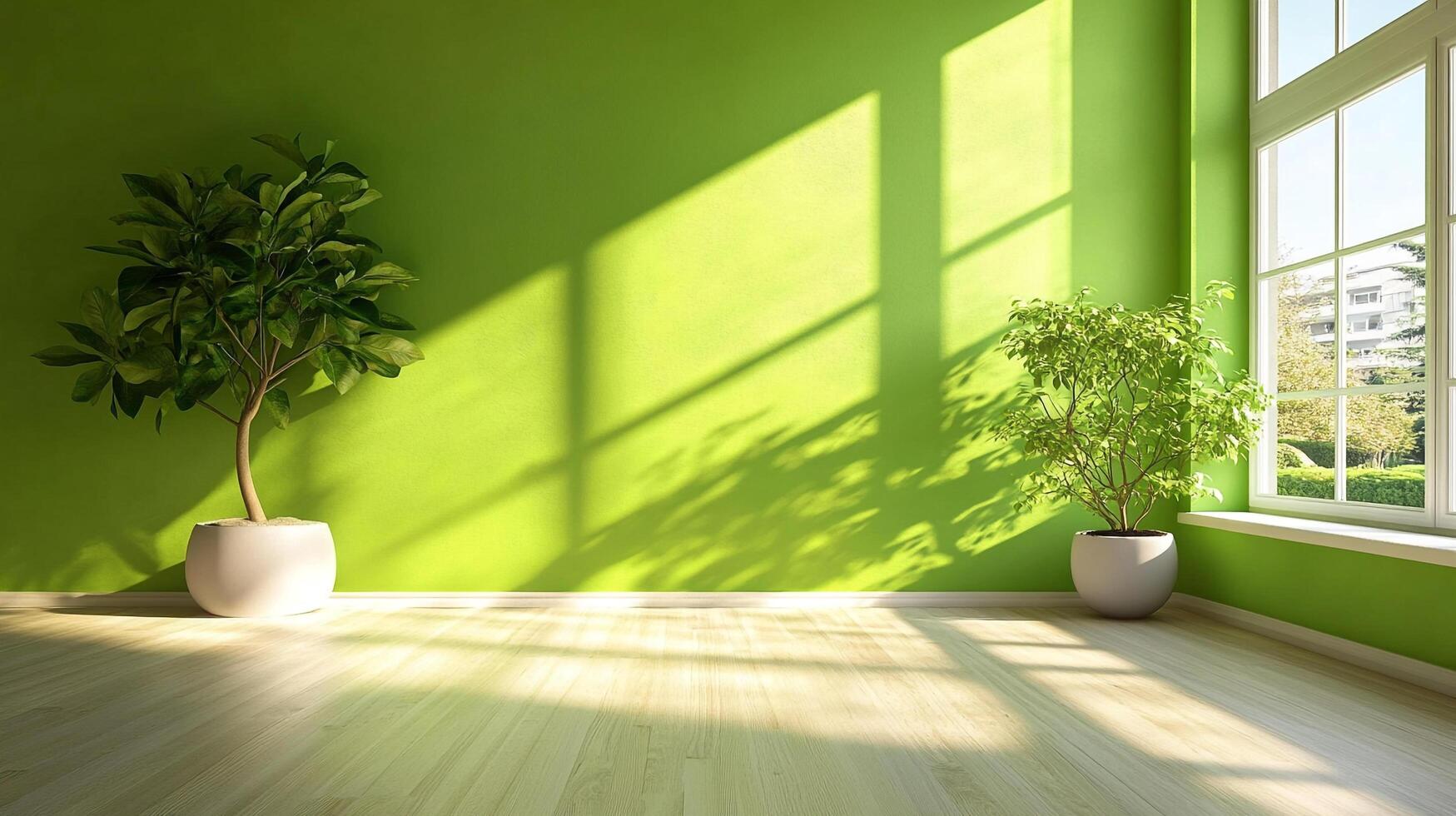 Bright green room with light wood floors, two small trees in pots, and sunlight streaming through a large window. photo