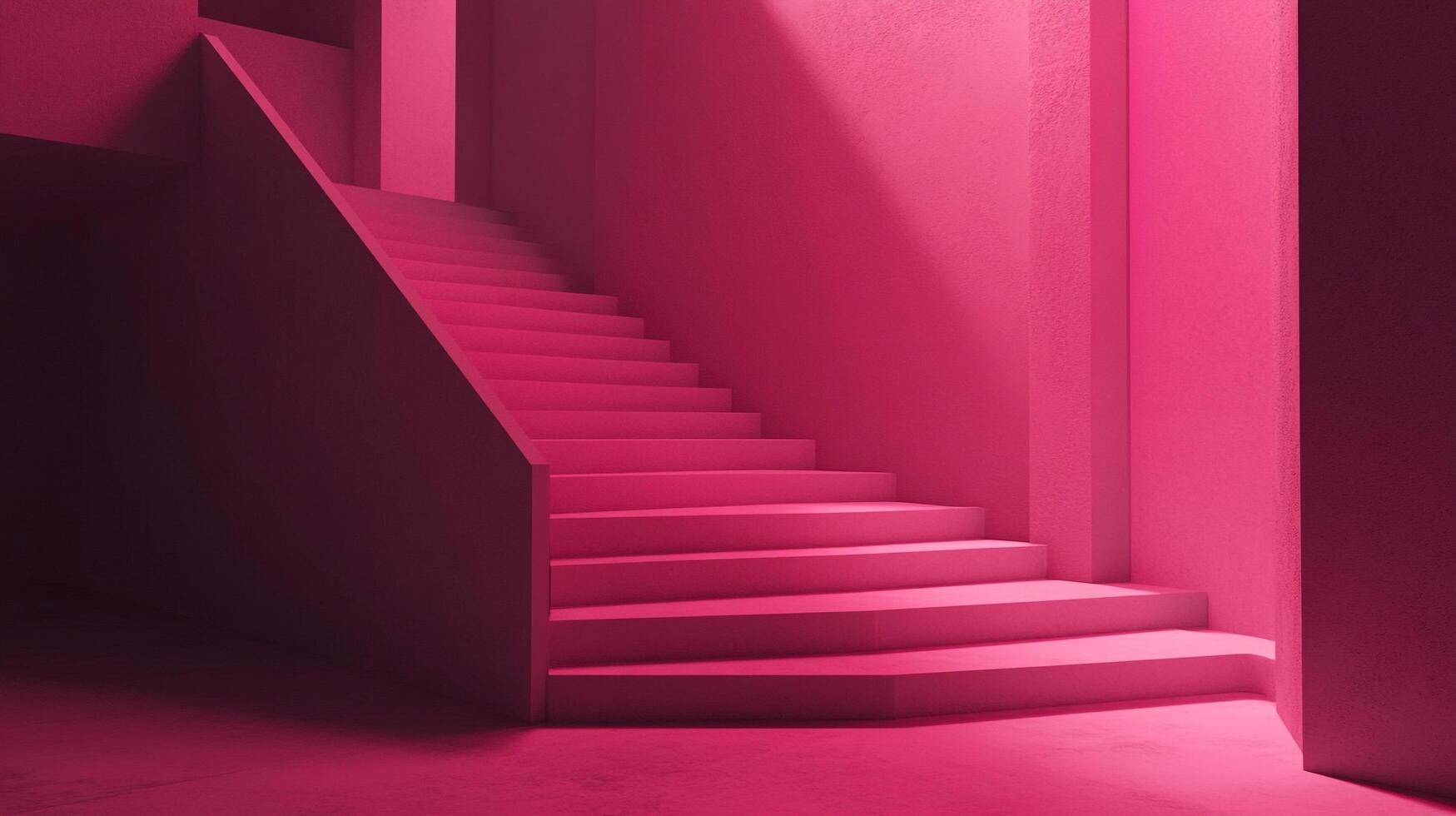 An interior scene featuring a staircase bathed in a monochromatic pink hue, creating a surreal and visually striking architectural space. photo